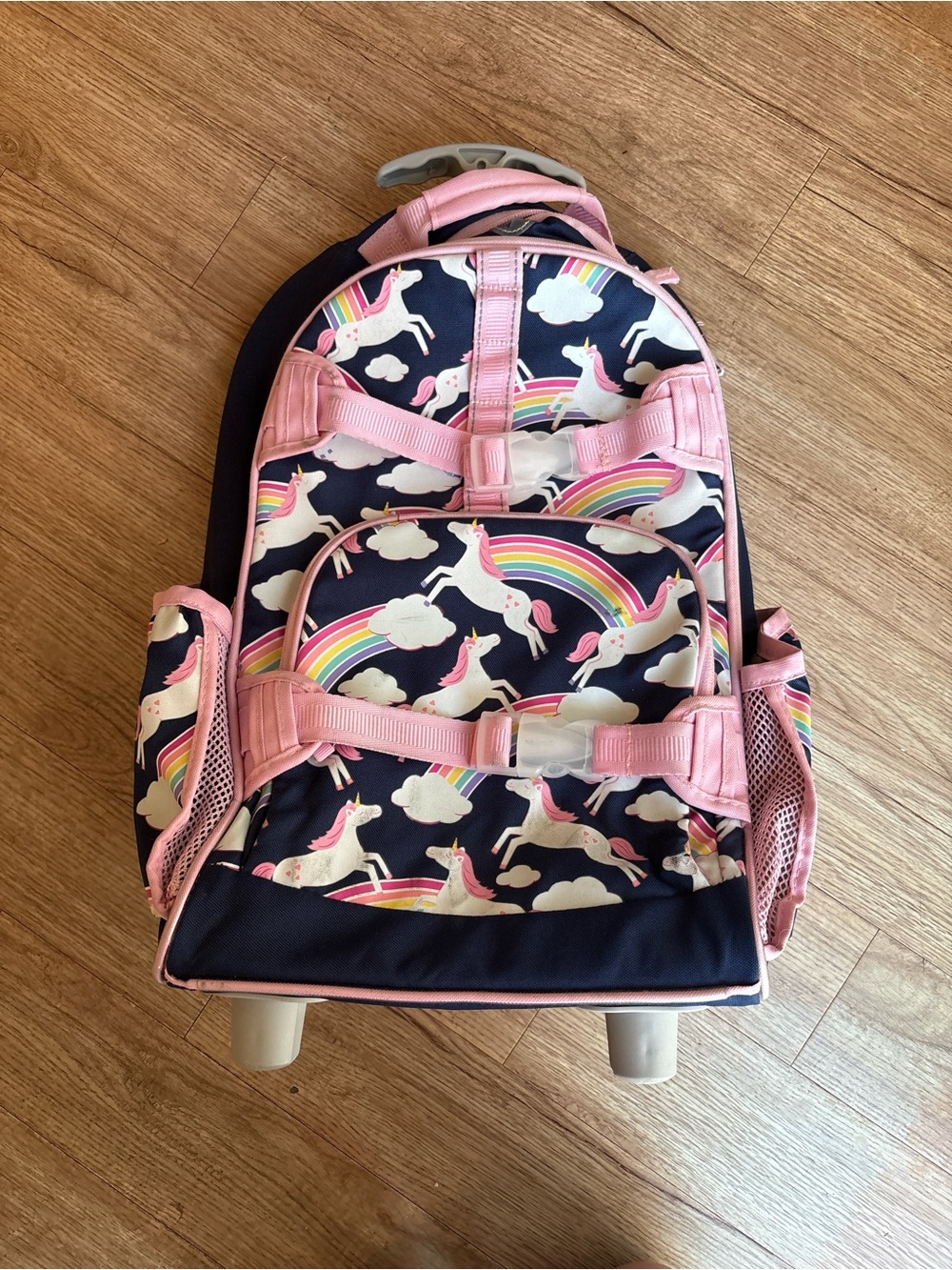 Pottery Barn Kids Unicorn & Rainbow Rolling Backpack - Pink & Navy